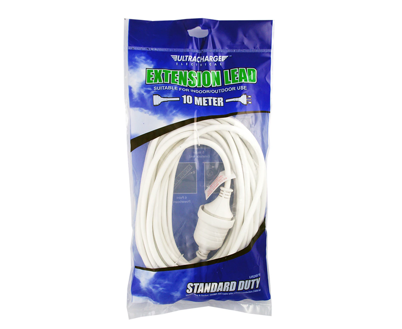 Ultracharge Extension Lead 10m Cable Cord Suitable for Indoor/Outdoor Use White