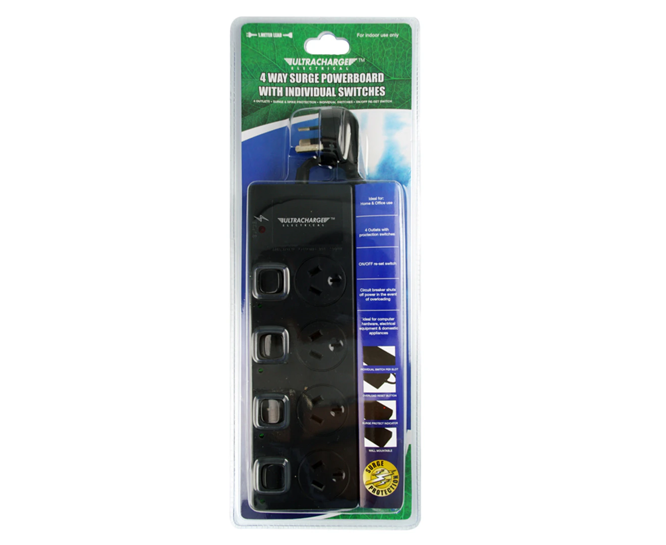 Ultracharge 4-Socket Surge Protection Power Strip Board w/ Individual Switches