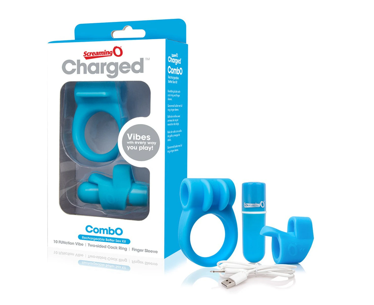 Screaming O Charged Combo Kit 1 Penis Ring & Finger Vibrator - Blue