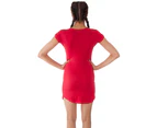 Women's Hip Length Curved Hem Roll Turn Up Sleeve T-Shirt - Red