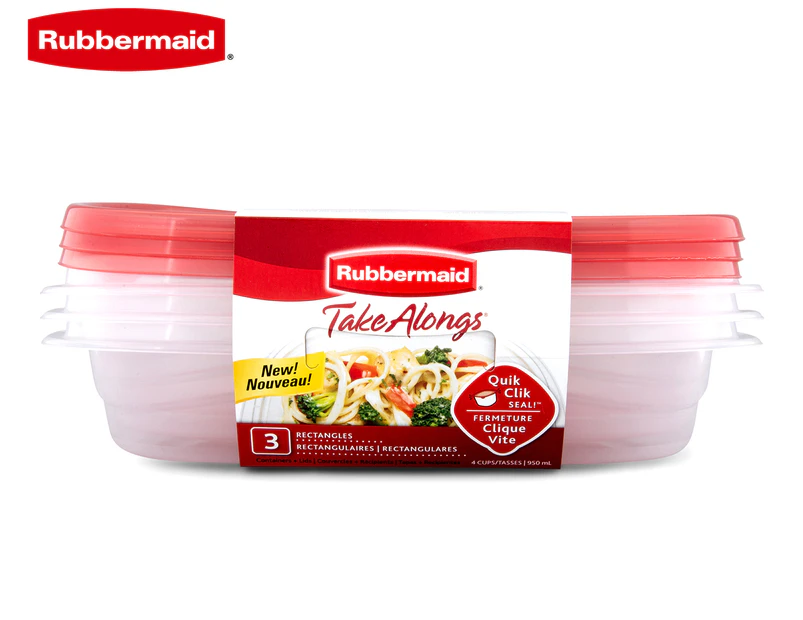 Rubbermaid 950mL Take Alongs Rectangular Food Containers 3-Pack - Clear/Red