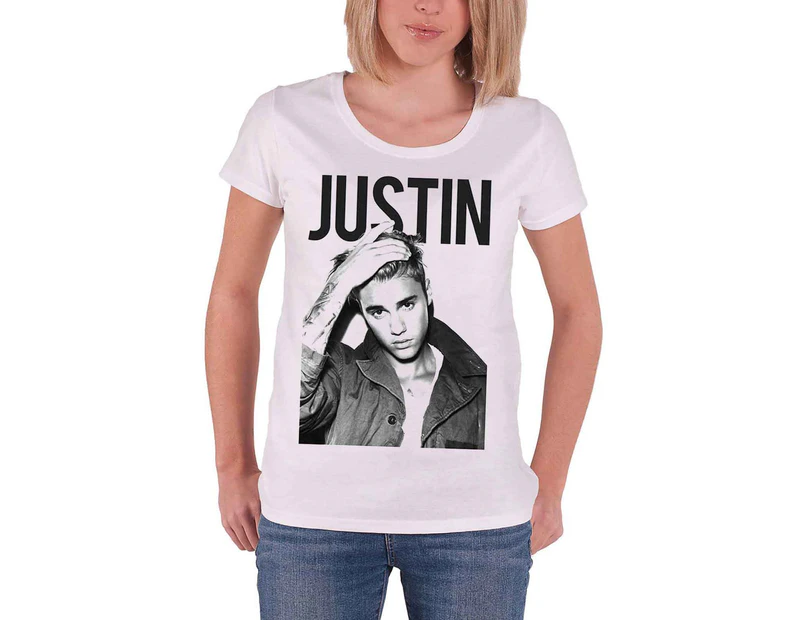 Justin Bieber T Shirt Contrast Photo Logo Official Womens  Skinny Fit - White