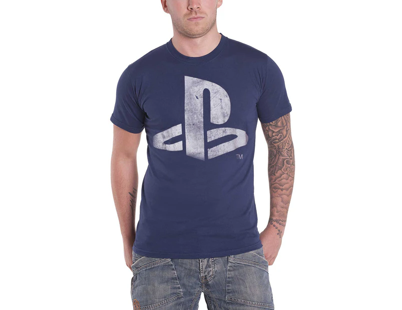 Playstation T Shirt Classic Logo Faux Denim Gamer  Official Mens - Blue