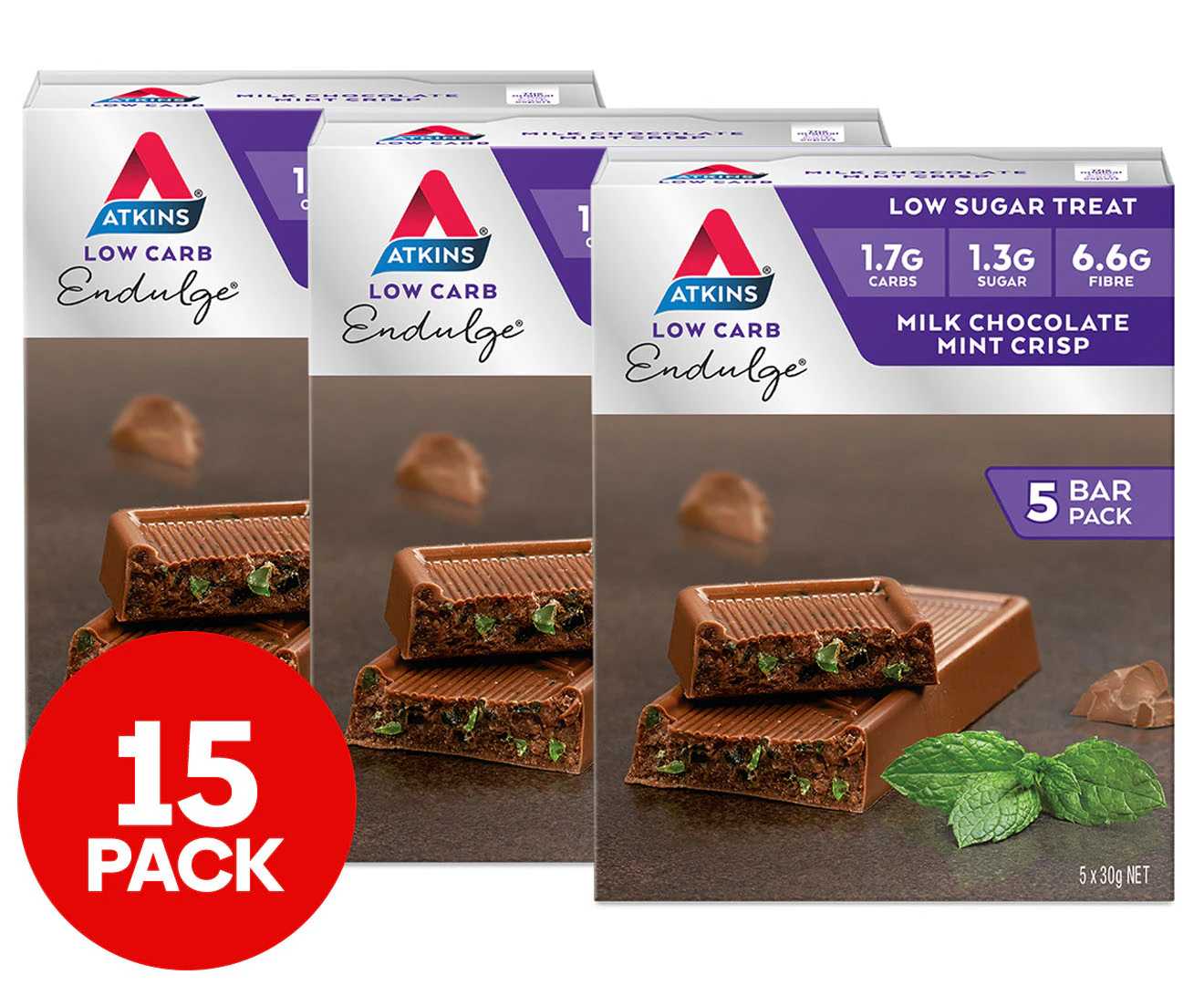 3 x 5pk Atkins Low Carb Endulge Bars Chocolate Mint Crisp 30g