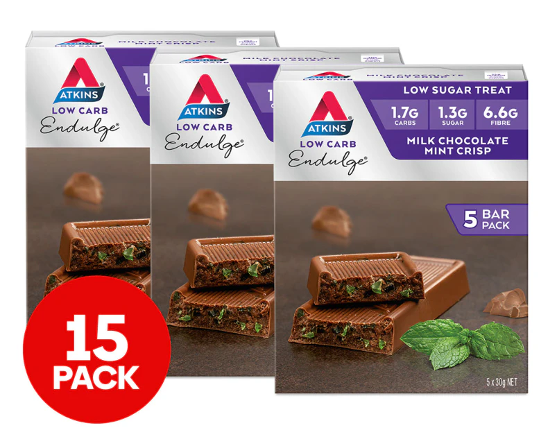 3 x 5pk Atkins Low Carb Endulge Bars Chocolate Mint Crisp 30g