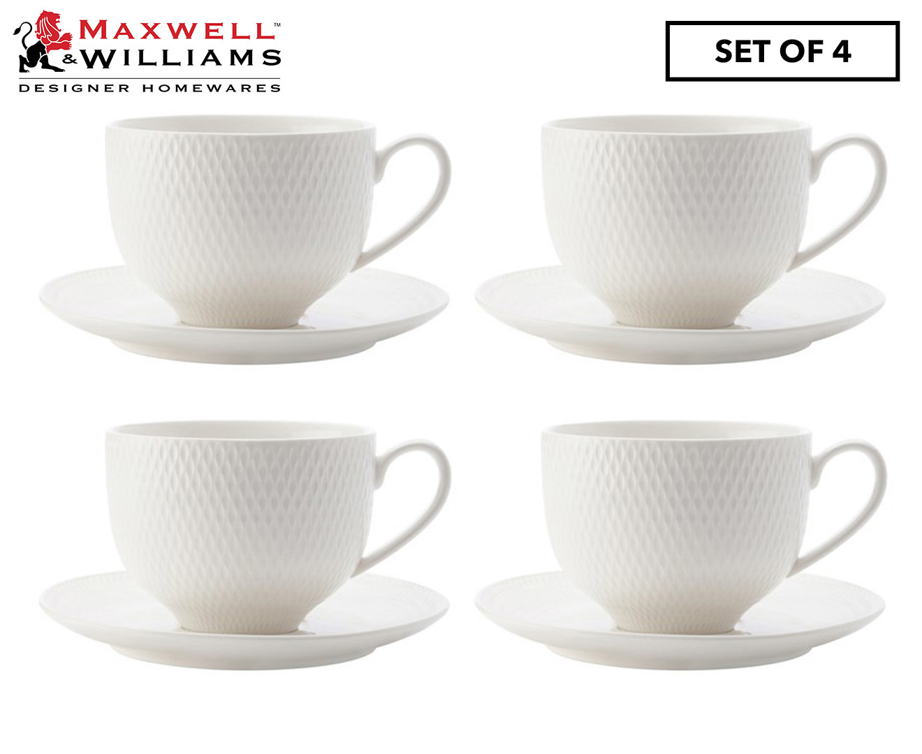 Set of 4 Maxwell & Williams White Basics Diamonds Tea Cup & Saucer Set ...