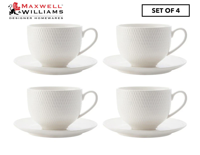 Set of 4 Maxwell & Williams White Basics Diamonds Tea Cup & Saucer Set