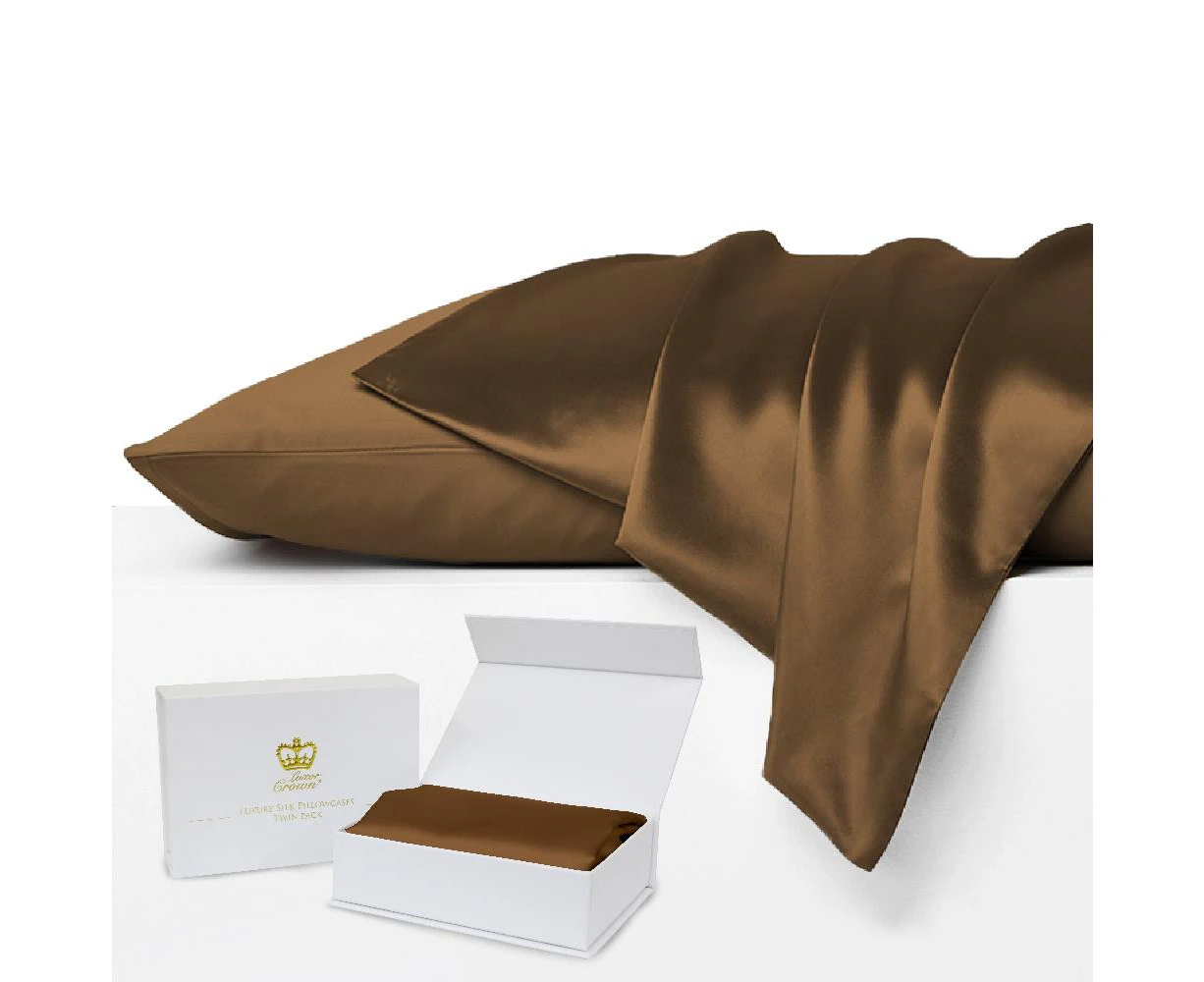 Luxor Crown Set of 2 Mulberry Silk Pillowcases CHOCOLATE