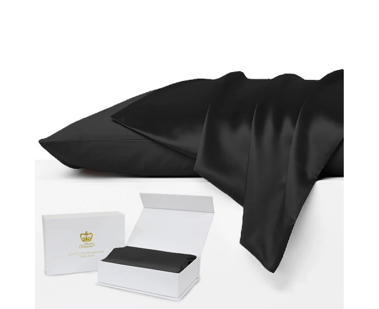 Luxor Crown Set of 2 Mulberry Silk Pillowcases BLACK