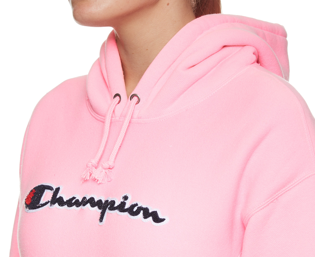 champion reverse weave chenille logo pink hoodie