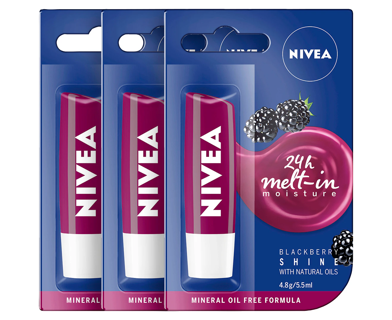 3 x Nivea Lip Balm Blackberry Shine 4.8g