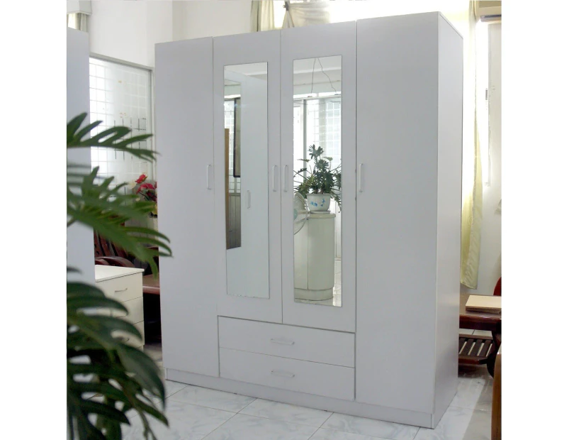 Redfern 4 Doors 2 Drawers Big Size Wardrobe/Cupboard with Mirror - White