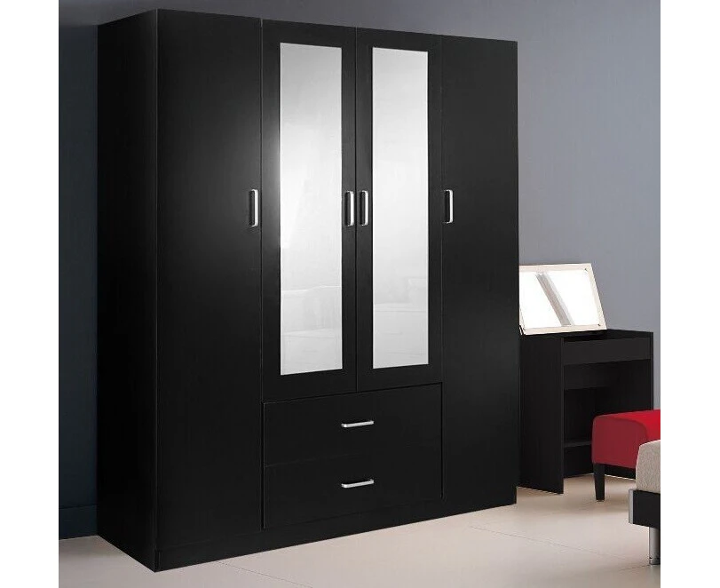 Redfern 4 Doors 2 Drawers Big Size Wardrobe/Cupboard with Mirror - Black