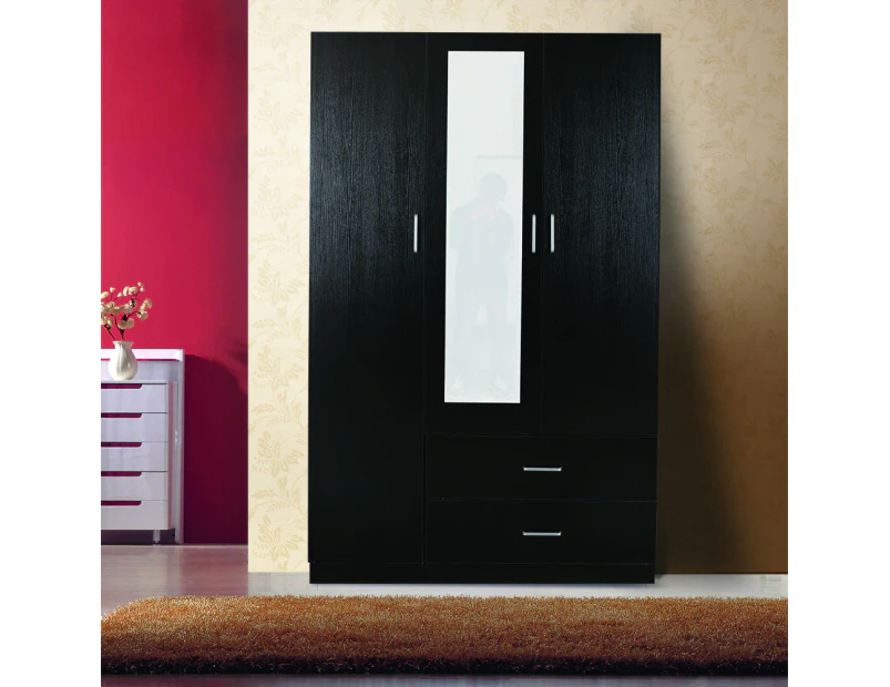 Redfern Wardrobe with Mirror, 3 Door 2 Drawer- Black