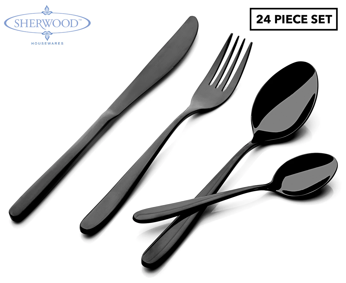 Sherwood Home Premium Black Titanium Steel 24 Piece Cutlery Set - Knife/Fork/Spoon