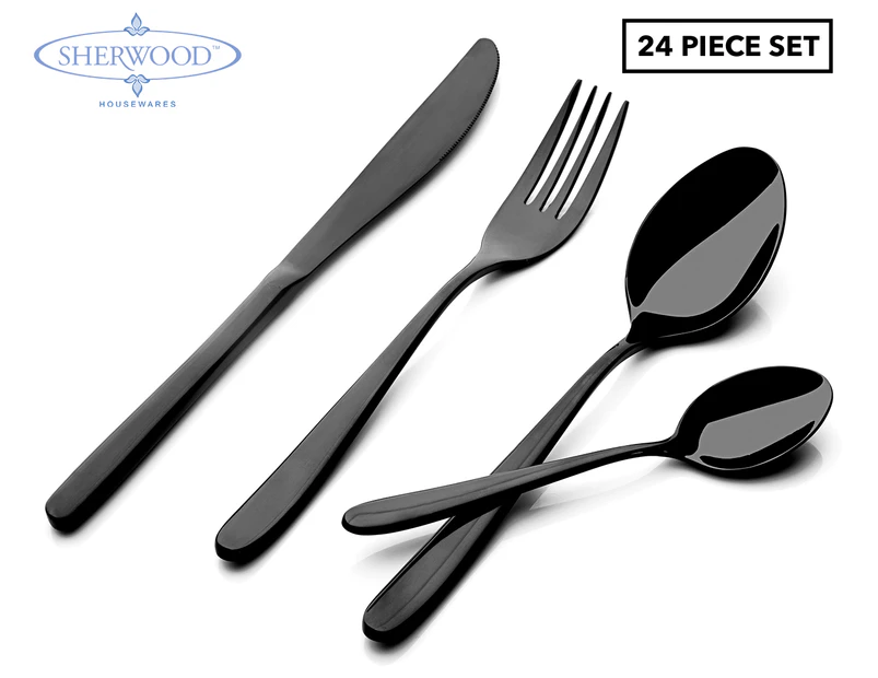 Sherwood Home Premium Black Titanium Steel 24 Piece Cutlery Set - Knife/Fork/Spoon