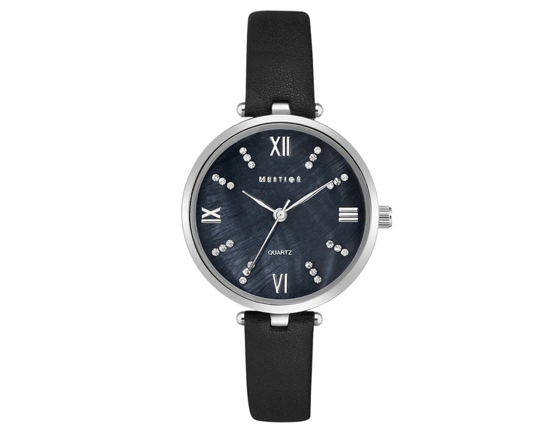 Mestige Women's 34mm Grace Leather Watch w/ Swarovski® Crystals - Black/Silver
