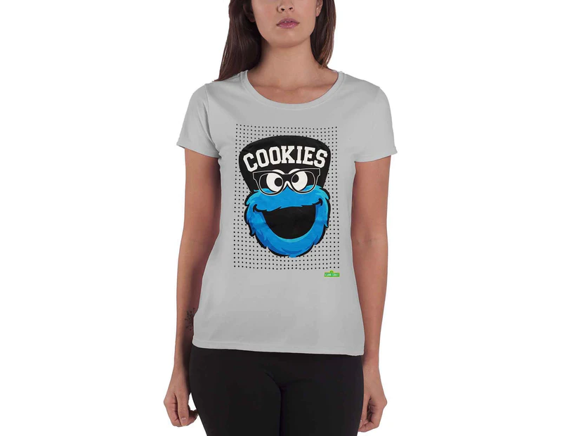 Official Womens  Cookie Monster T Shirt Sesame Street Logo Skinny Fit - Grey