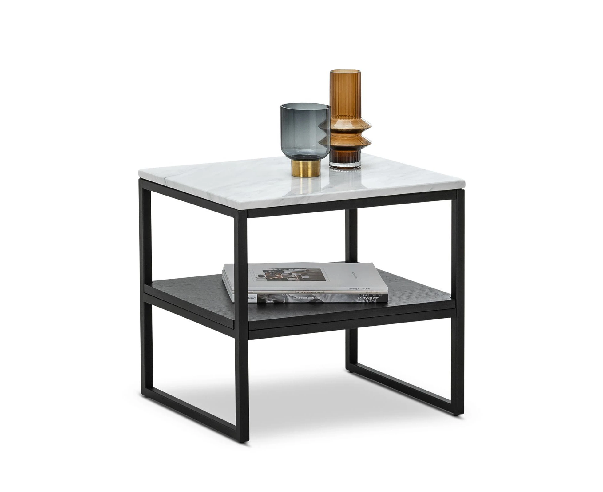 Ebonie White Marble Shelf Square Side Table in Matte Black