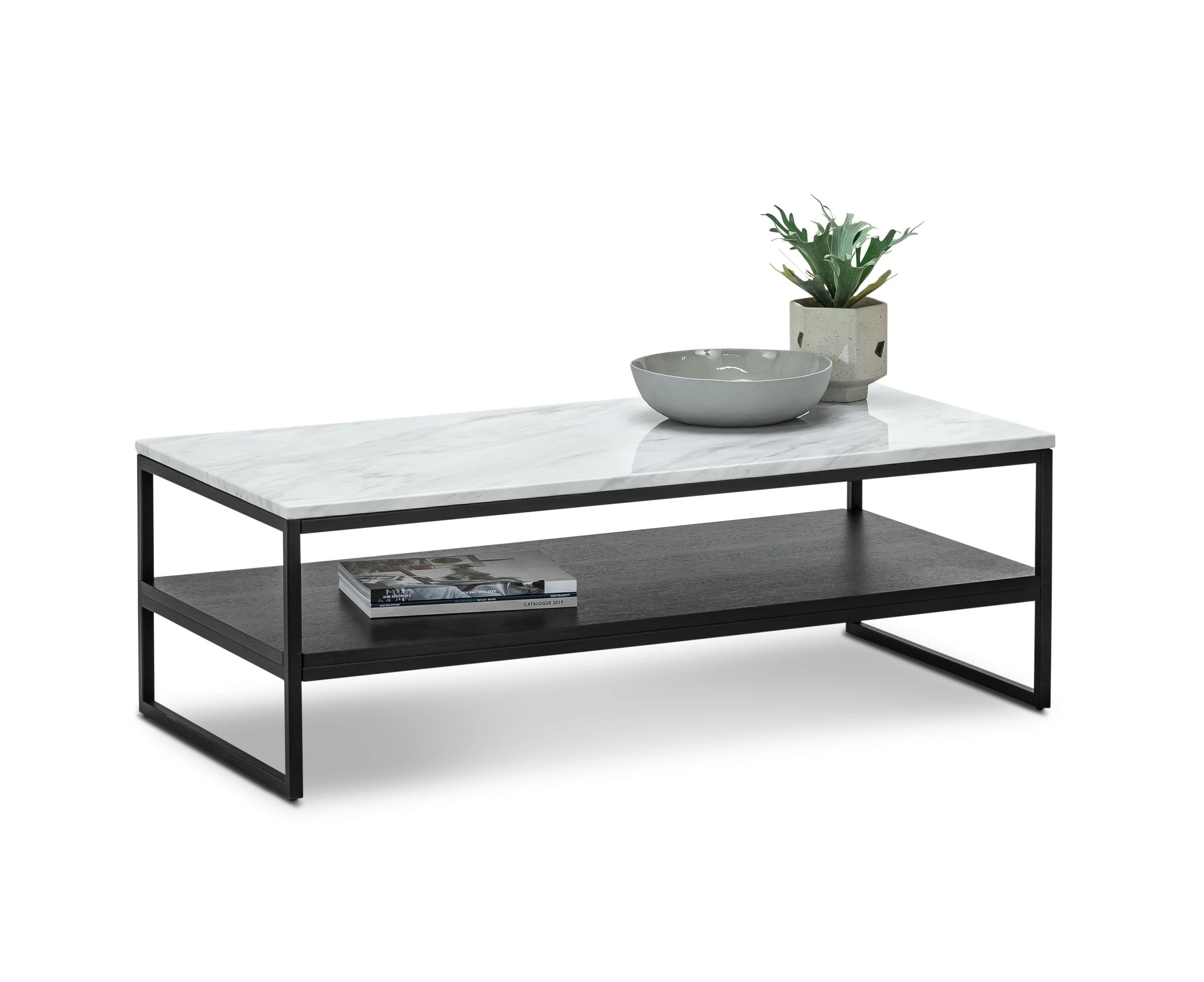 Ebonie White Marble Shelf Rectangular Coffee Table in Matte Black