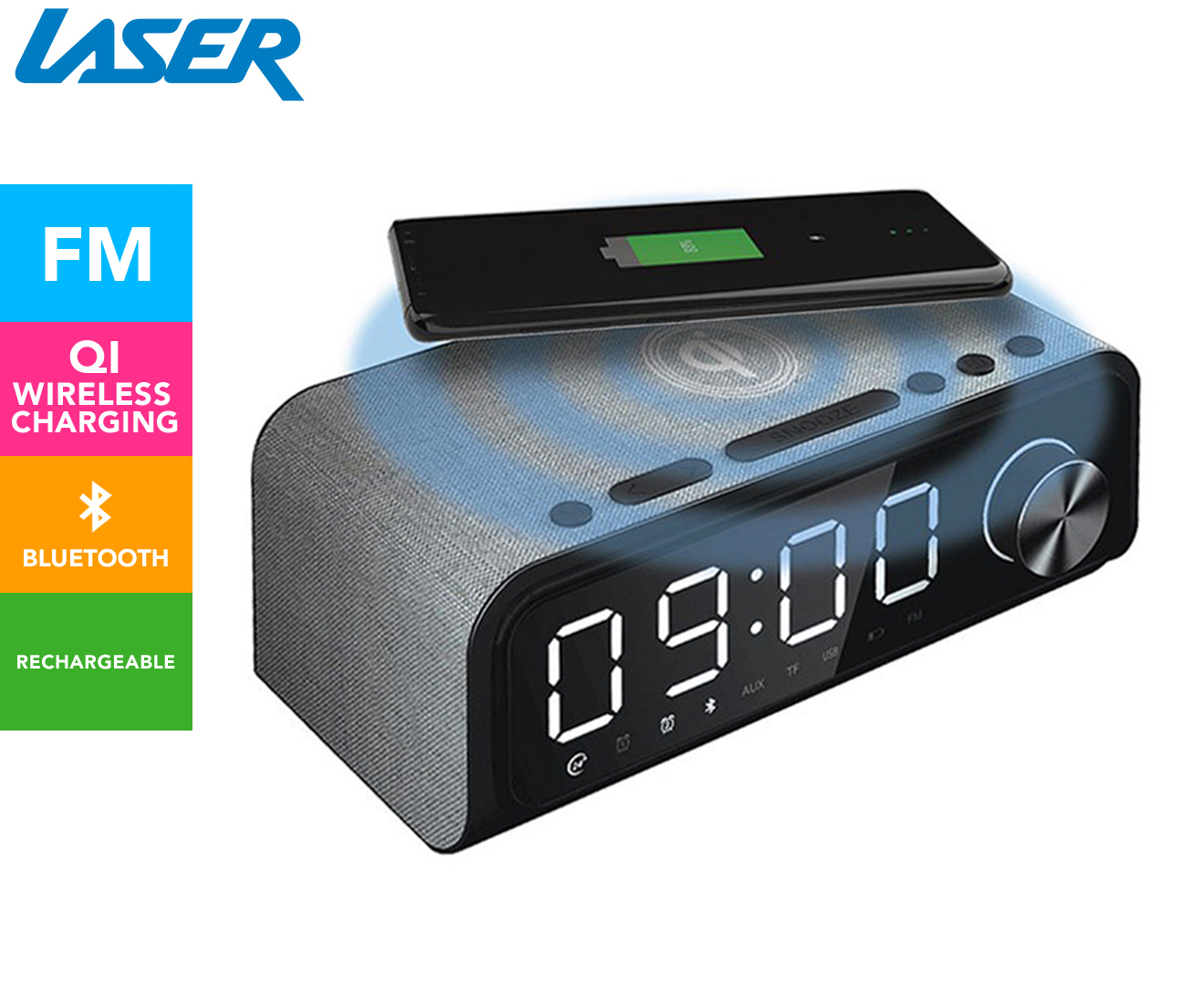 Laser 4in1 Digital Alarm Clock Radio + Bluetooth Speaker w/ Qi