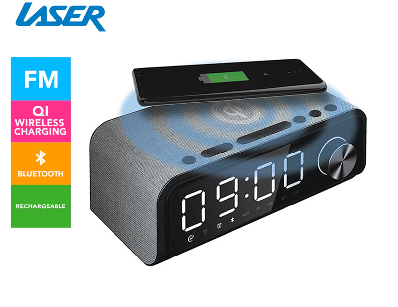 Laser 4-in-1 Digital Alarm Clock Radio + Bluetooth Speaker w/ Qi Wireless Charging - Grey