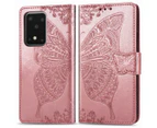 For Samsung Galaxy S20 Ultra Case, Butterfly PU Leather Wallet Cover with Lanyard & Stand, Rose Gold