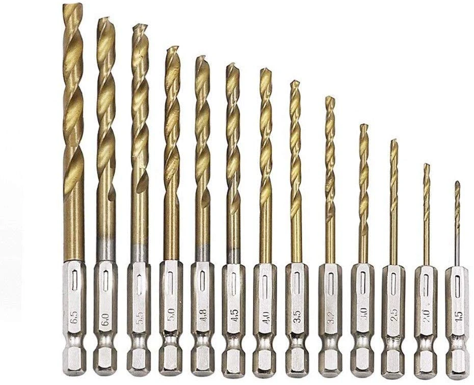 Quick Change Drill Bits 13 pcs HSS Hex Shank Set Steel Wood Timber Drilling