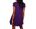 Womens Short Cap Sleeve Mini A-line Skater Swing Dress - Purple