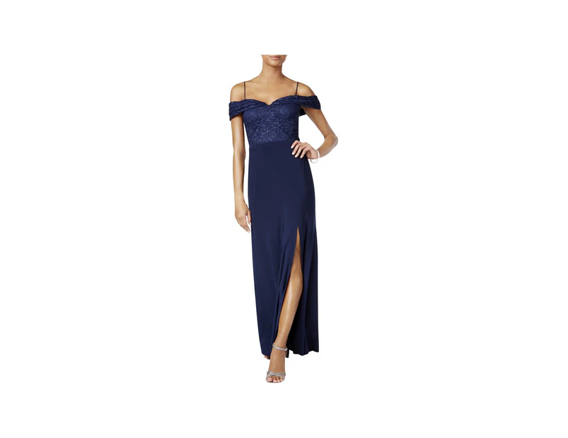 NW Nightway Womens Off-The-Shoulder Full-Length Navy Evening Dress
