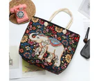Embroidered Animal Canvas Tote Bag Handbag- Black