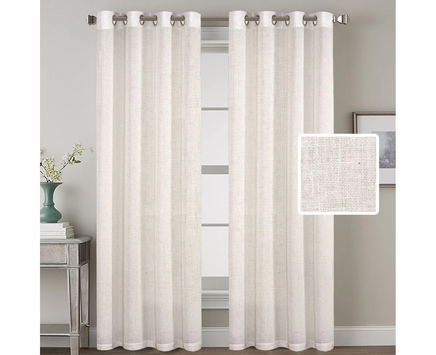 1 Pair Ultra Luxurious Textured Linen Curtains Eyelet Light Filtering Elegant Window Curtain Draperies Semi Sheer Privacy Added, Solid Natural