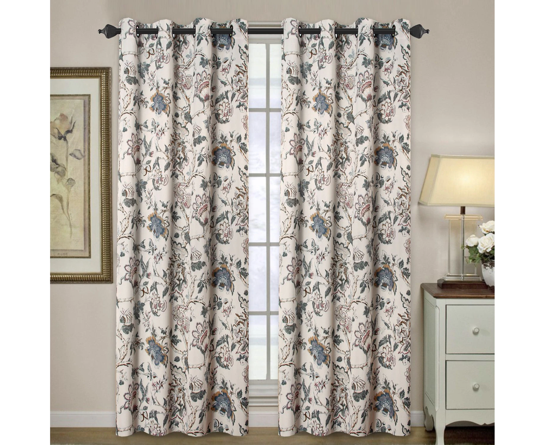 Curtains Pair Eyelet for Living Room Blockout Bedroom Floral Curtains Window Treatment Draperies, Vintage Floral Pattern in Sage/Brown/Blue