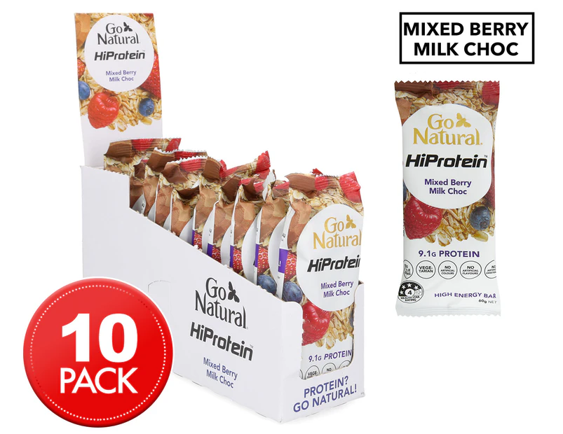 10 x Go Natural HiProtein High Energy Bars Mixed Berry Milk Choc 60g