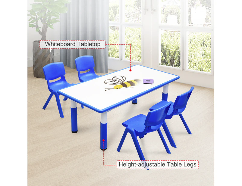 120x60cm Kids Blue Whiteboard Drawing Activity Table & 4 Blue Chairs Set