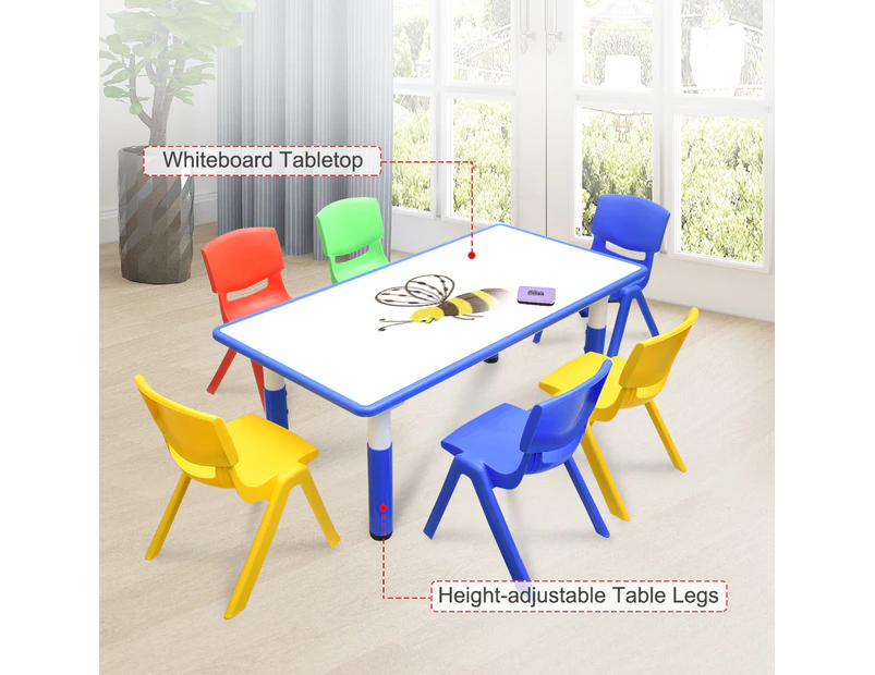 120x60cm Kids Blue Whiteboard Drawing Activity Table & 6 Mixed Chairs Set