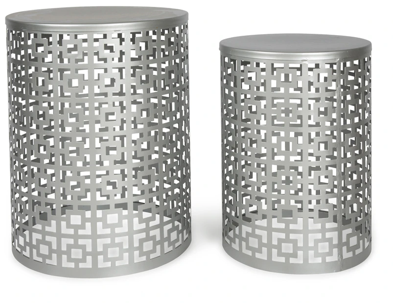 Set of 2 Round Square Cut Iron Side Tables - Silver - 35x35x45cm and 30x30x40cm - 4.75kg