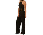 Womens Halterneck Sleeveless Jumpsuit Gold Buttons Wide Leg - Black