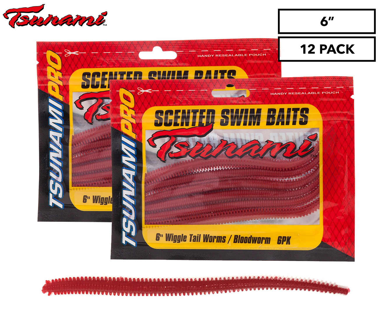 2 x Tsunami 6 Scented Wiggle Tail Worms Bait 6pk - Bloodworm