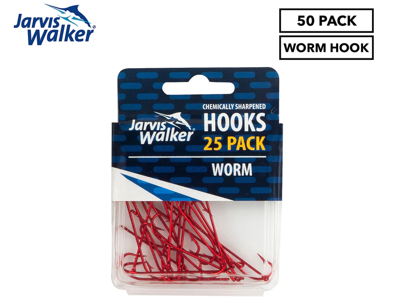 Jarvis Walker Chemically Sharpened Long Shank/Worm Fishing Hooks 50pk - Red