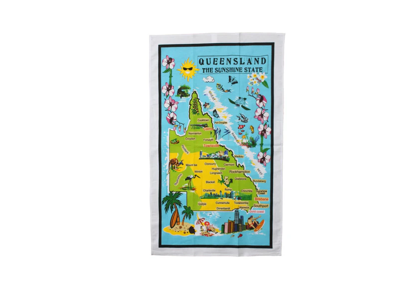 Australia Australian Souvenir Tea Towels 100% Cotton Linen Weave Flag Map Gift - Travel - Queensland