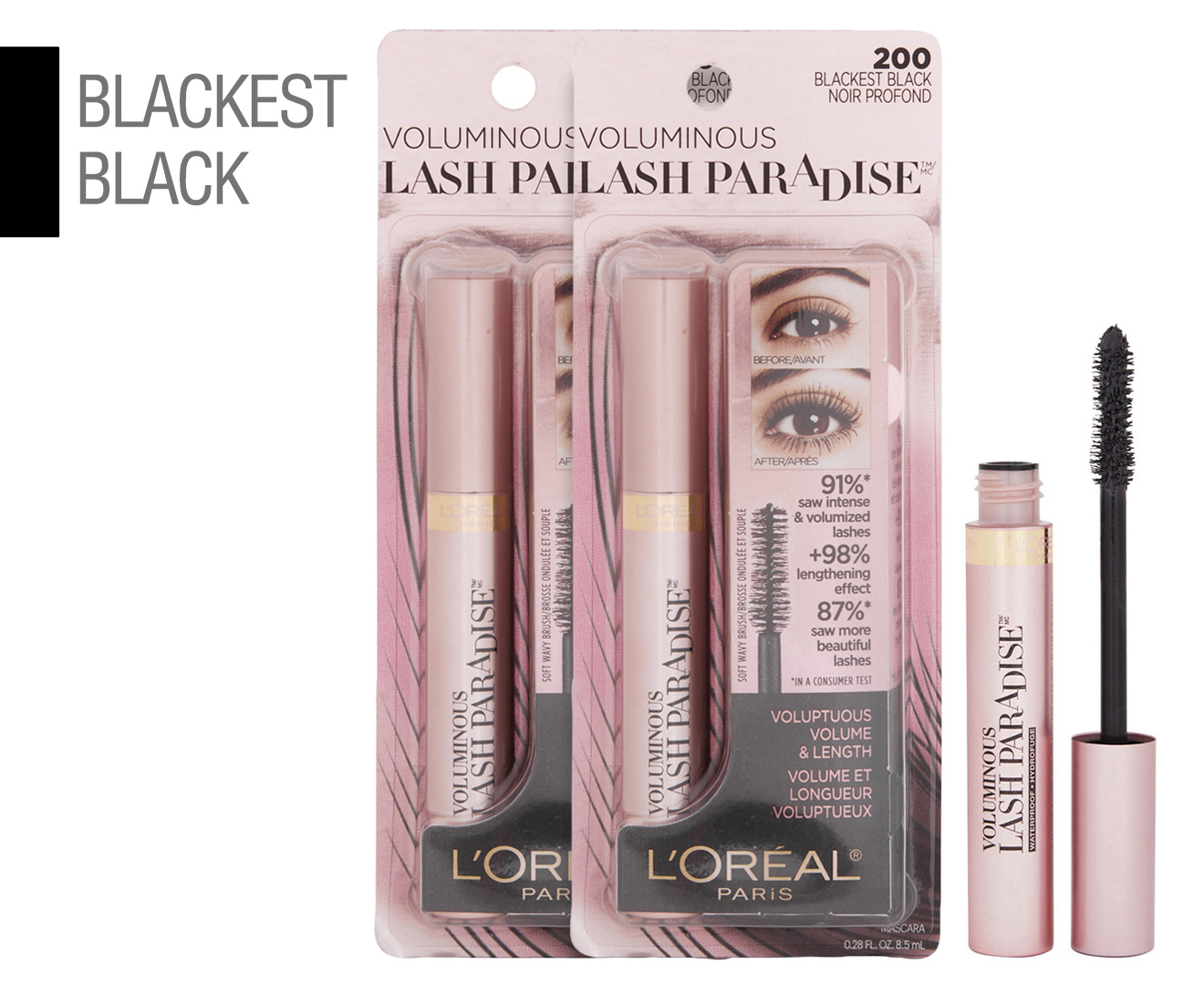 2 X Loréal Voluminous Lash Paradise Mascara 85ml 200 Blackest Black Nz