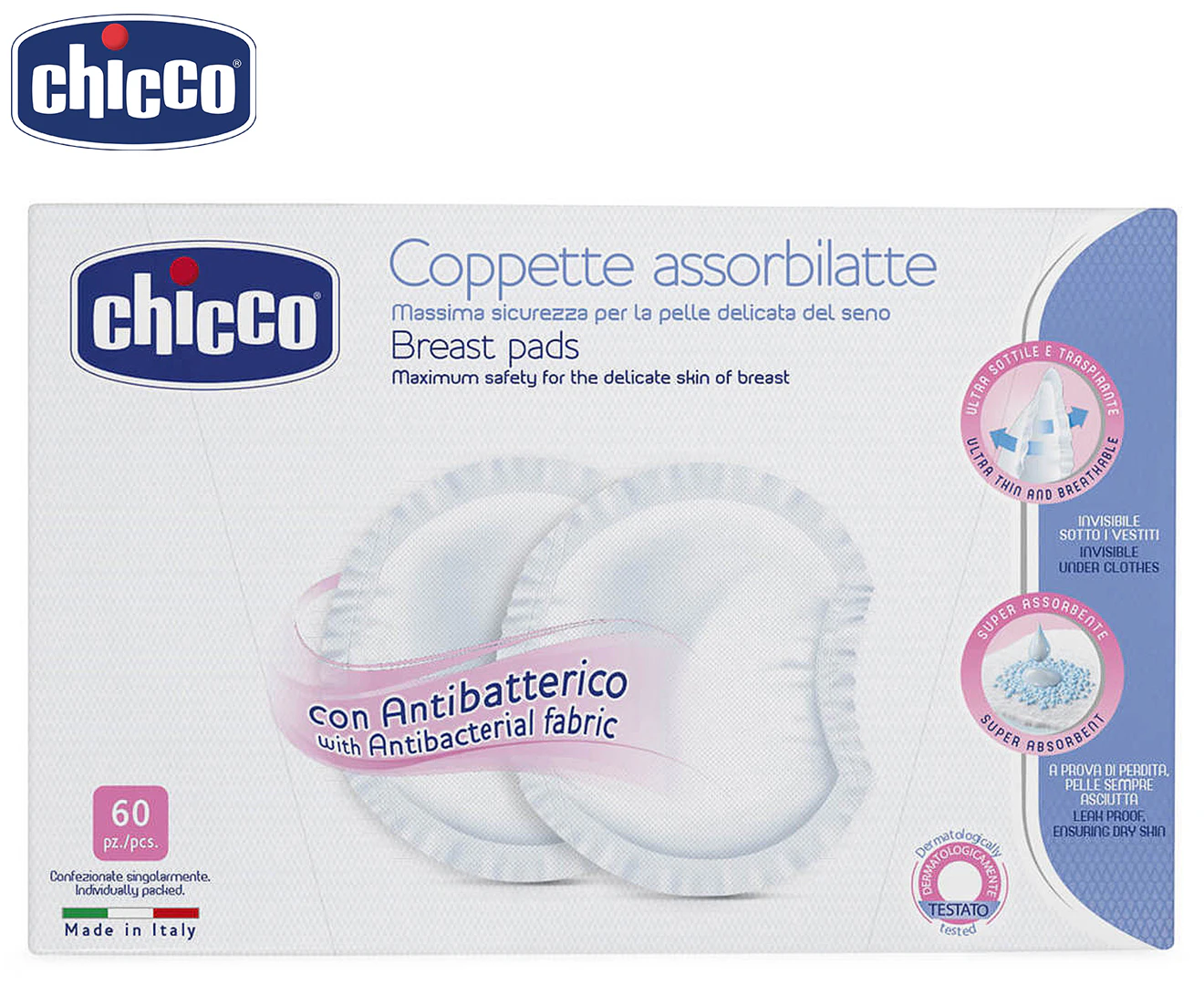 60pc Chicco Nursing Absorbent Breast Pads Breastfeeding Cover Antibacterial WHT