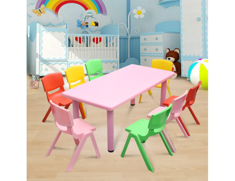 120x60cm Kid's Adjustable Rectangle Pink Table & 8 Mixed Chairs Set