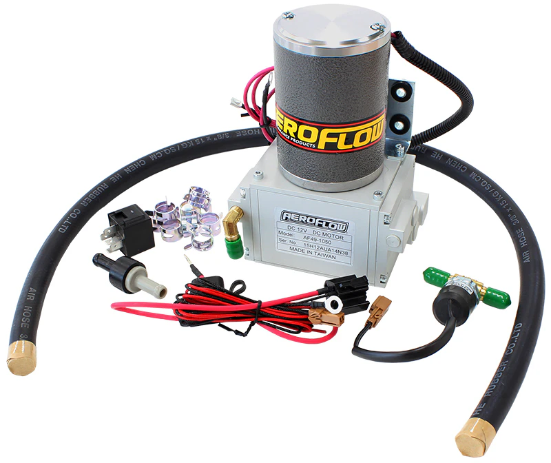 Aeroflow Twin Piston Electric Brake Vacuum Pump Kit 12 Volt with Brake Vacuum Switch, Wiring & Check Valve