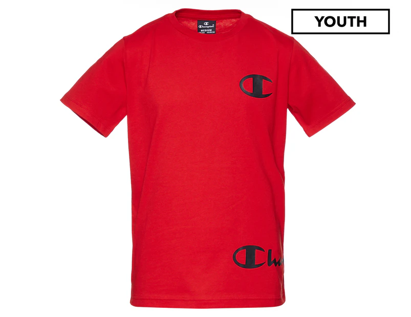 Champion Boys' Script Short Sleeve Tee / T-Shirt / Tshirt - Poppy Red/Black