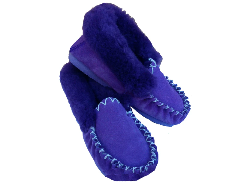 100% Sheepskin Moccasins Slippers Winter Casual Slip On Shoes - Purple