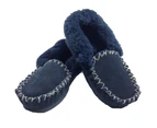 100% Sheepskin Moccasins Slippers Winter Casual Slip On Shoes - Navy