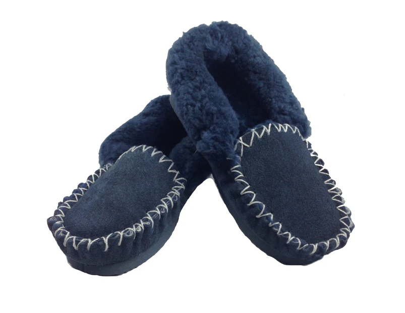 100% Sheepskin Moccasins Slippers Winter Casual Slip On Shoes - Navy