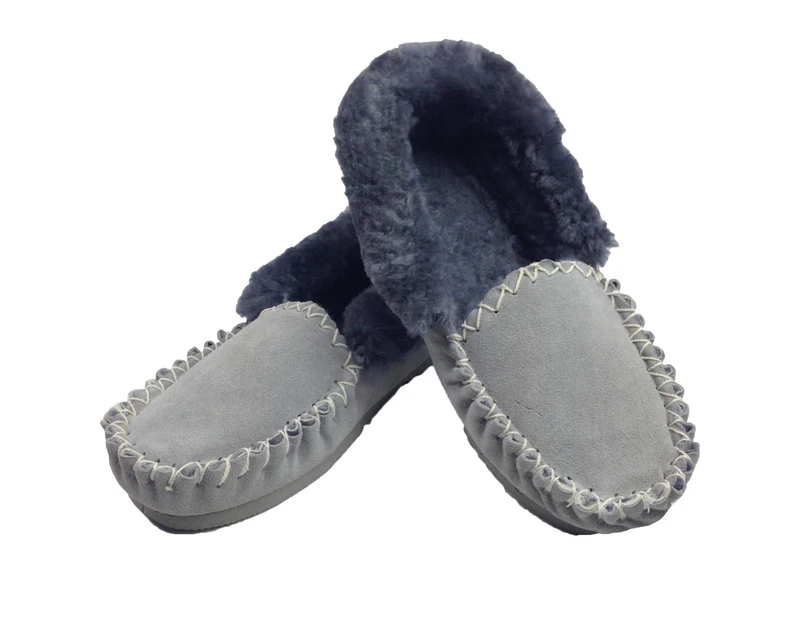 100% Sheepskin Moccasins Slippers Winter Casual Slip On Shoes - Grey